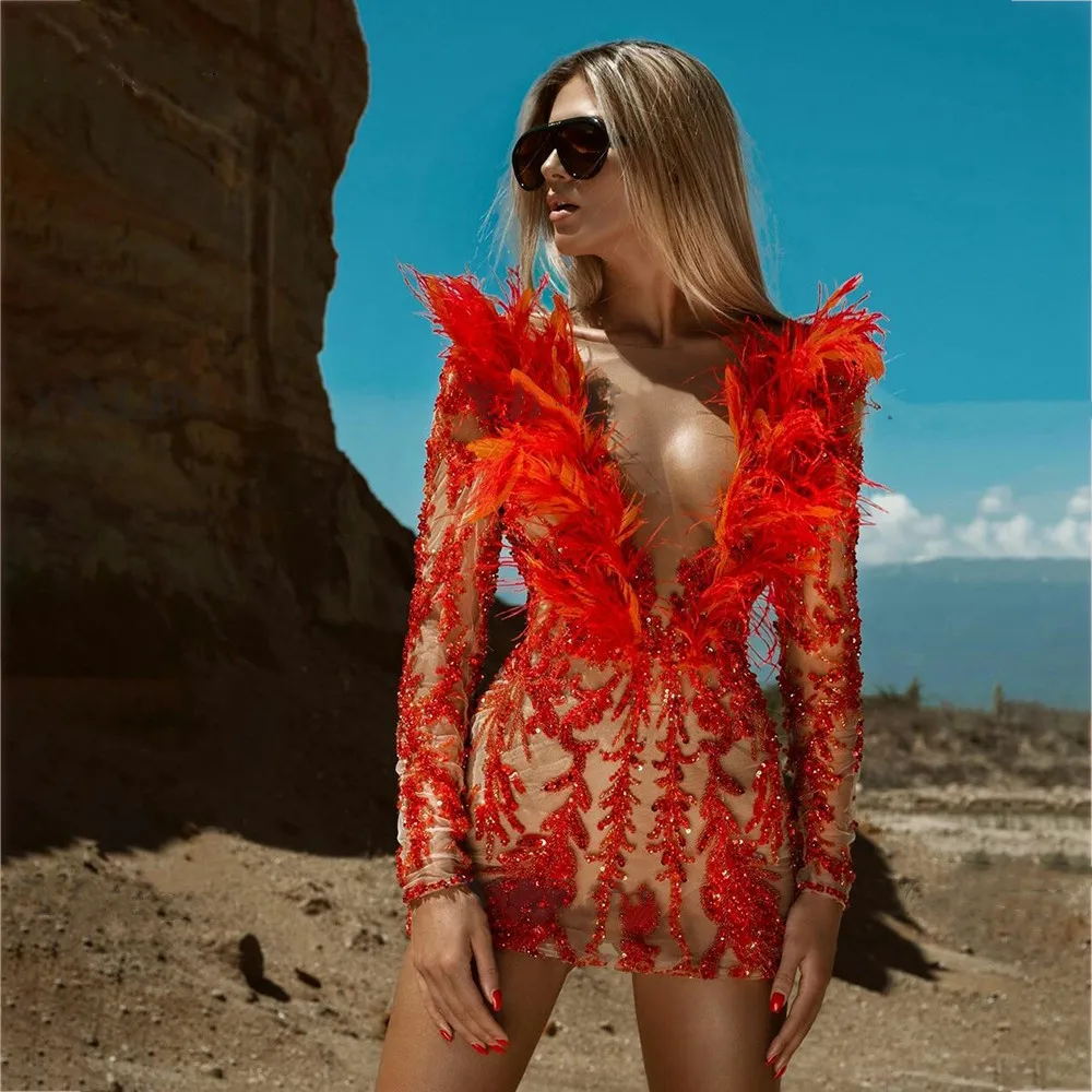 

Sexy Illusion Long Sleeve Cocktail Dresses Deep V Neck Feather Sequin Short Prom Gowns Red Beaded Club Wear Vestido De Festa