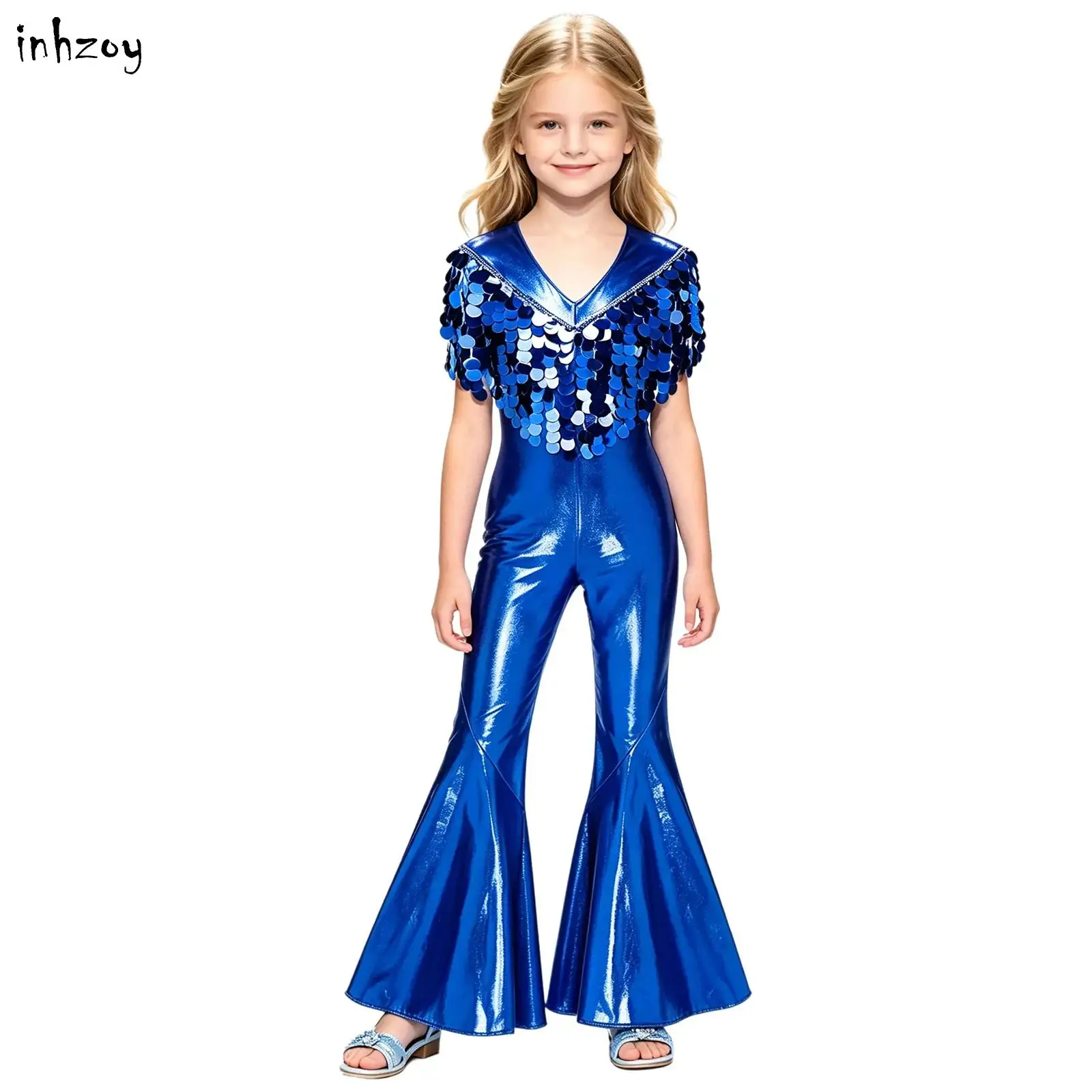 Kids Girls Jazz Disco Dance Jumpsuit Metallic Shiny One Shoulder Sleeveless Ruffles Bell Bottom Rompers Unitard Pageant Rompers