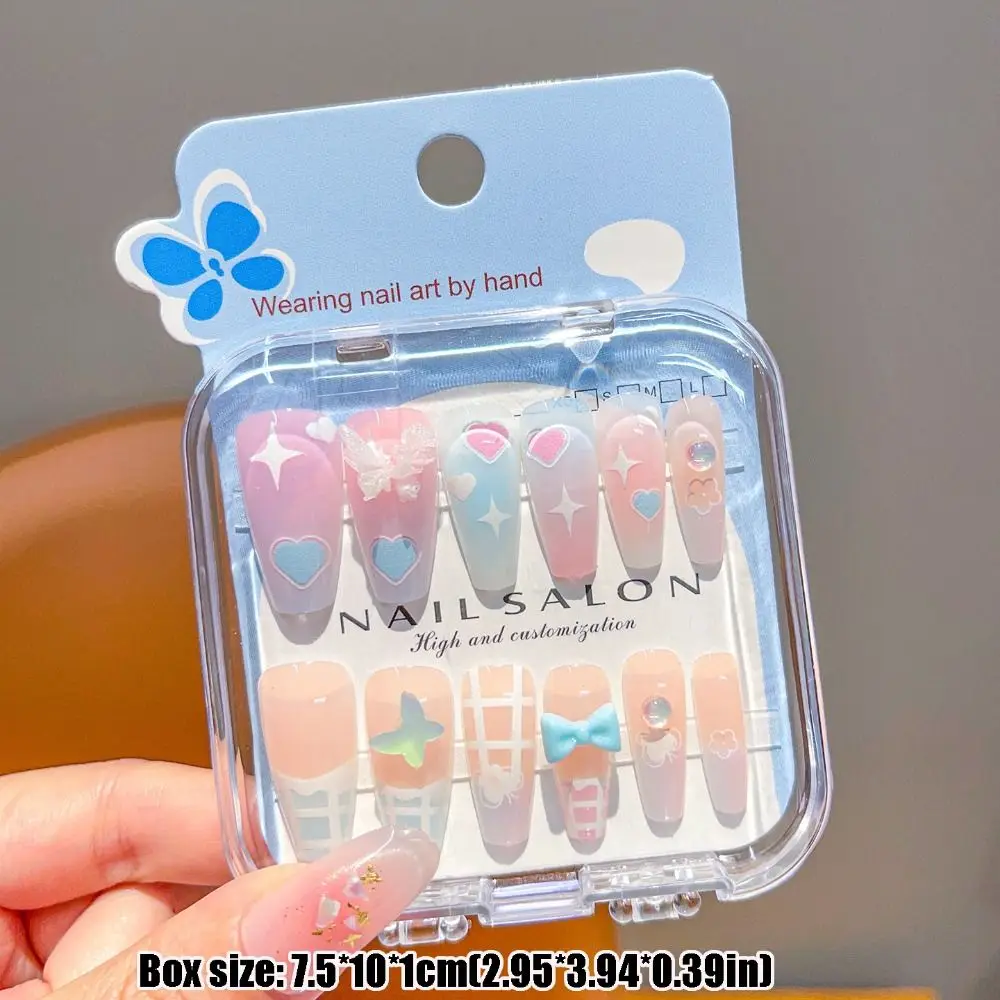 New Fashion Cartoon Children Wearing Nails Cherry Love Heart Detachable Press on Nail Cute Long Nail Sticker for Girls Students view 6