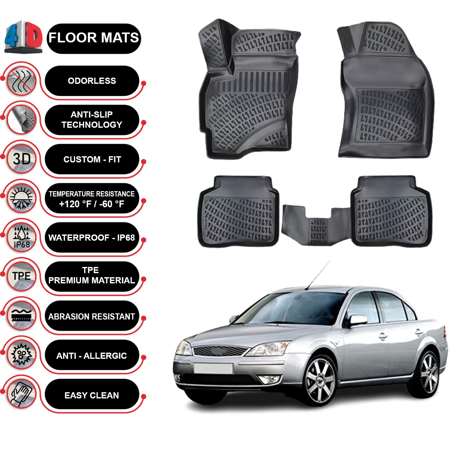 

Ford Mondeo - (2001-2007) Floor Mats Liner Waterproof 3D - (Black)