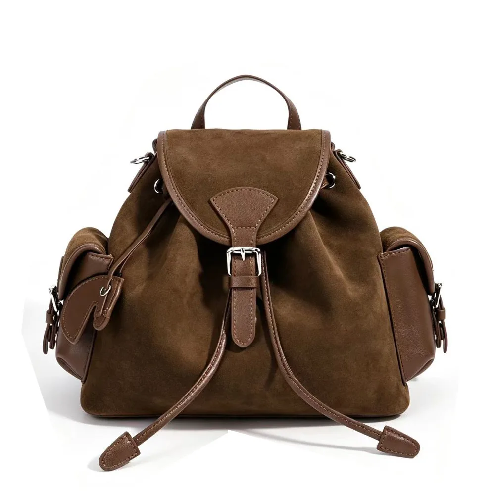 Vintage Women Genuine Leather Backpack Patchwork Suede and Cow Leather Shoulder Bags Casual Daily Ladies Travel Bag