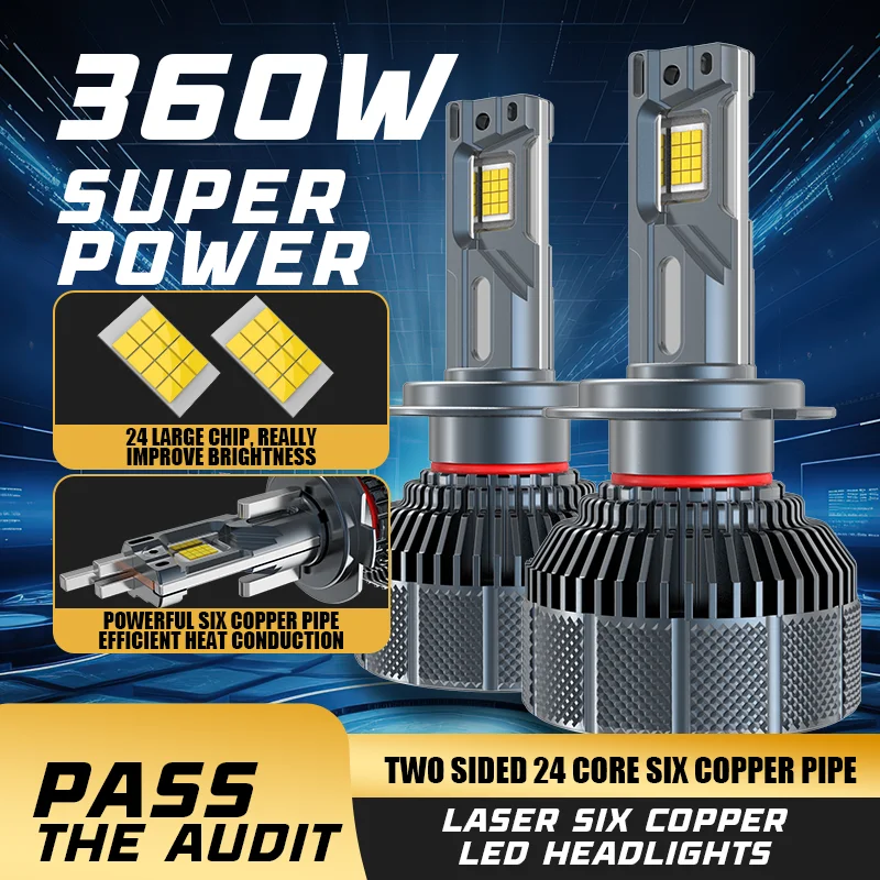 

2pcs H7 LED Car Headlight Canbus Headlamp High Power 360W 6 Copper Pipe H8 H7 H11 HB3 9005 HB4 9006 Auto Fog Light 12V 24V