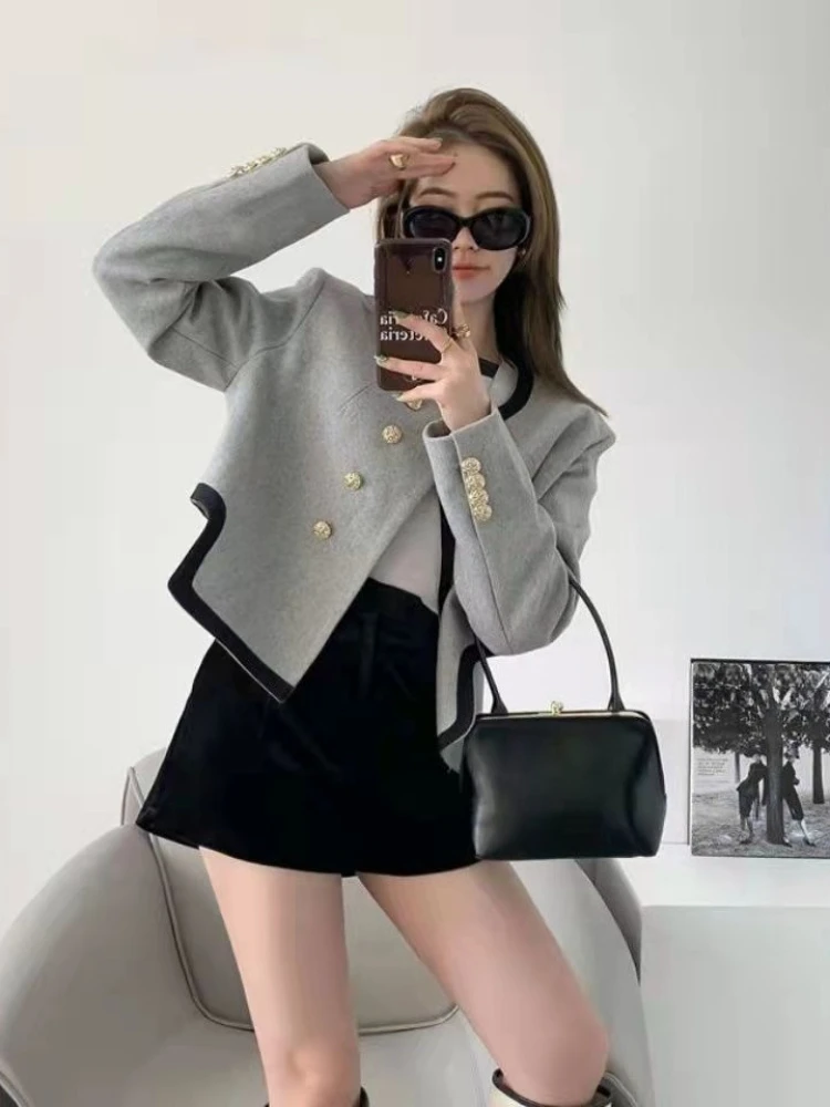 Chaqueta Blazer de lana asimétrica gris para mujer, abrigo de traje corto francés elegante, ropa de abrigo de moda, novedad de primavera 2025,