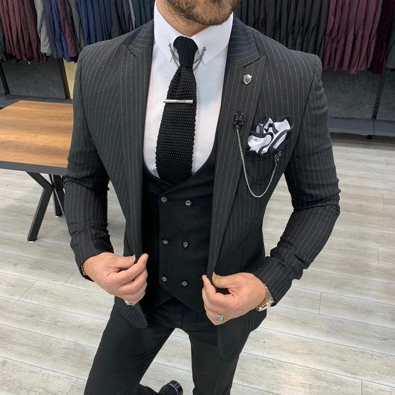 3 Piece Slim Fit Men Suits With Striped Business Jacket Formal Groom Tuxedo For Wedding Dinner Male Fashion Vest With Pants 2021