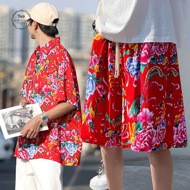 

Мужской летний повседневный пляжный комплект из полиэстера с принтом «Большие цветы Северо-Востока», свободный крой, прямые штанины, удобный, дышащий