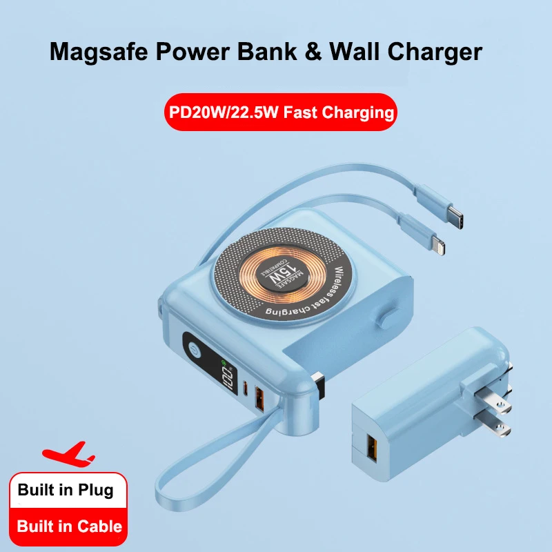 20000mAh Magsafe Power Bank With Removable Cable AC Plug Wall Charger 22.5W Fast Charging for iPhone 16 Xiaomi Samsung Powerbank