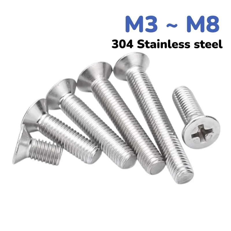 304 Stainless steel M3 M4 M5 M6 M8 500-hour salt Spray Passivation Cross Countersunk Head Screws Flat Bolt Length 5~50 mm