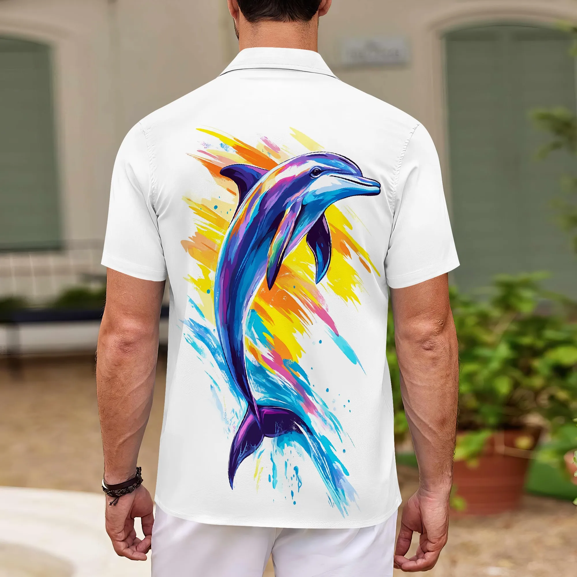 YEAE Colorful Dolphin Print Shirt for Men Summer Casual Short Sleeve Top
