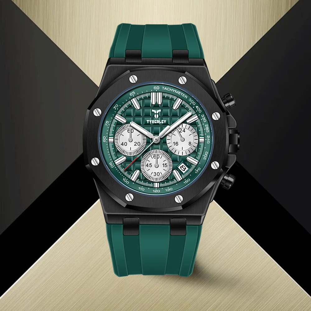 TYBERLEY 2026 New Men's Quartz Watch 42mm Retro Luxury Rubber Strap Calendar Luminous Waterproof Chronograph Exquisite Gift Box
