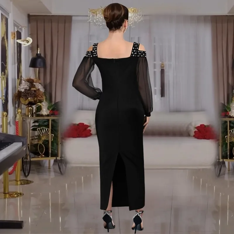 GUWU Damska Sukienka Midi/Maxi z Długim Rękawem z Siateczki, Ozdobiona Diamentami i Cyrkoniami, z Odkrytymi Ramionami, Dopasowana, z Wewnętrzną Sukienką na Ramiączkach