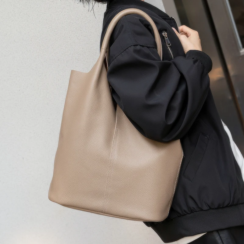 Cow Genuine Leather Women Handbag Bucket Luxury Tote Bag Female Casual Shoulder Bags Ladies Cowhide Large Capacity Shopper Bag