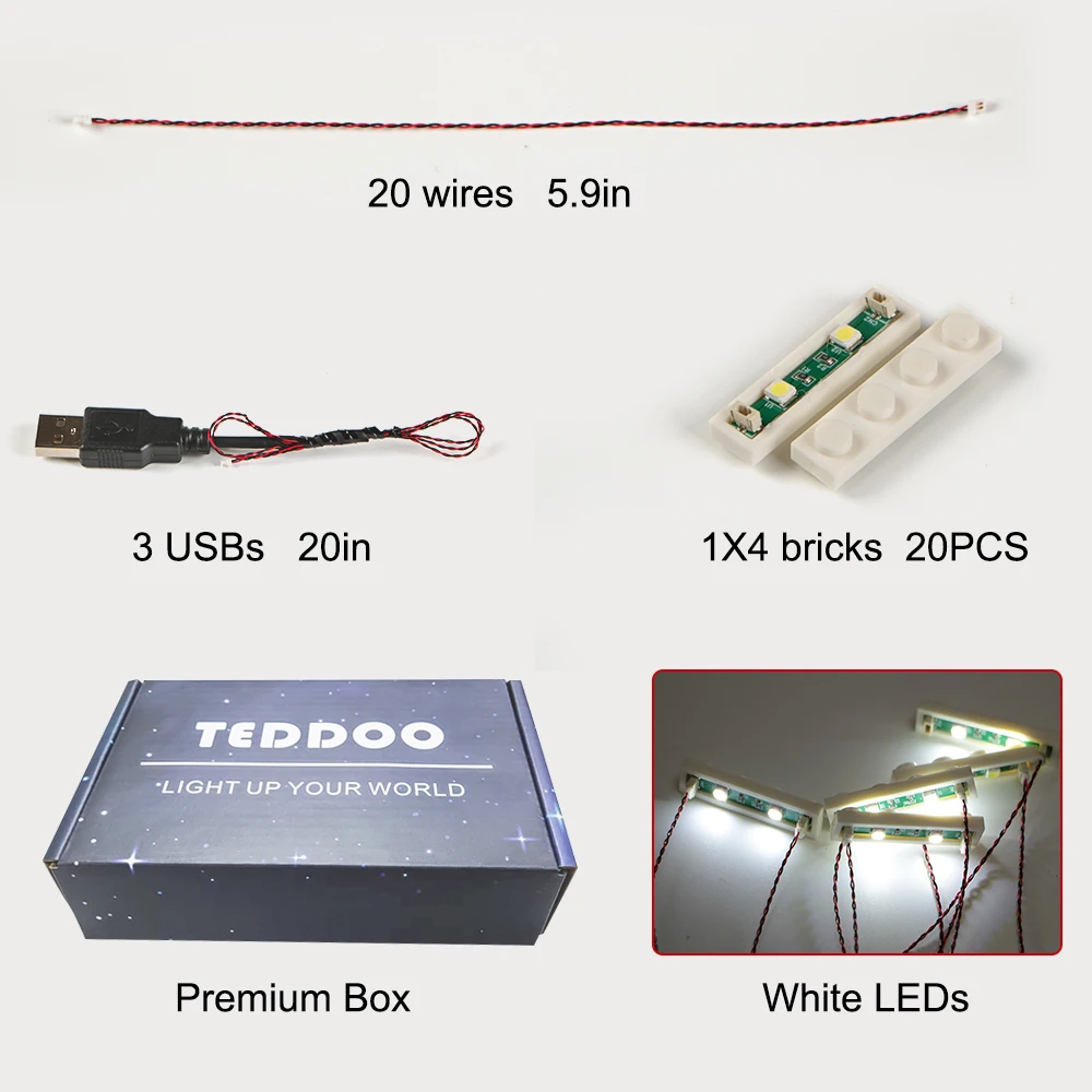 20 Stück 1X4 LED-Beleuchtungsset (X-in-One-Leuchten, USB-betrieben) Bricks City DIY Kombinationsmodul MOC für Lego Bricks 3710