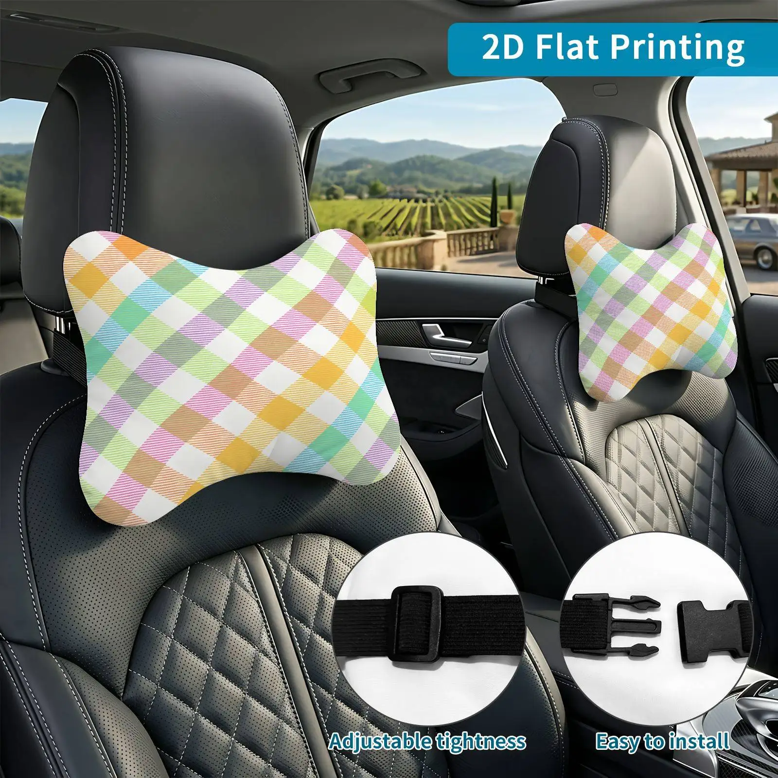 2pcs Colorful Argyle Plaid Car Seat Headrest, Neck Support Cushion, Suitable For All Seasons Of Car Accessories, Pastel Theme, T