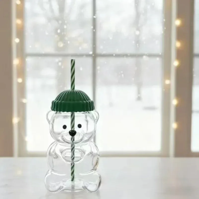 cute bear glass coffee mug with straw, cartoon bear shape cup, gift for women kids friends for milk tea juice