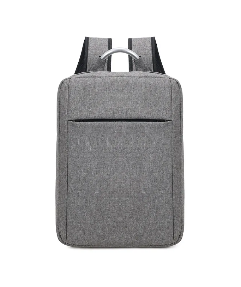 Gray minimalist laptop backpack with metal handle slim design front slip pocket water resistant fabric for work school