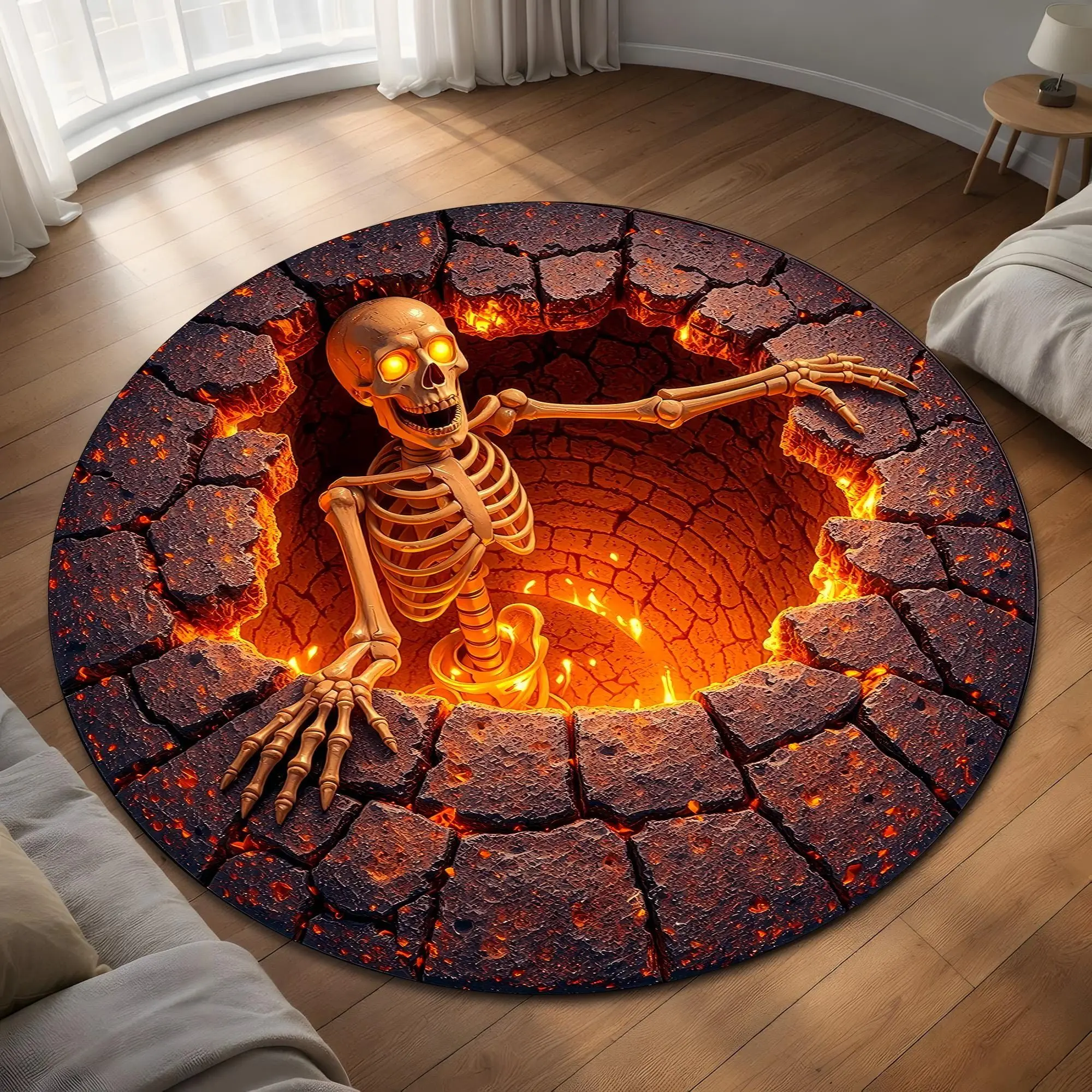 2D Fire Pit Skull Printed Carpet Weird Decorative Circular Door Mat Living Room Bedroom Horror Home Decor, Carpet