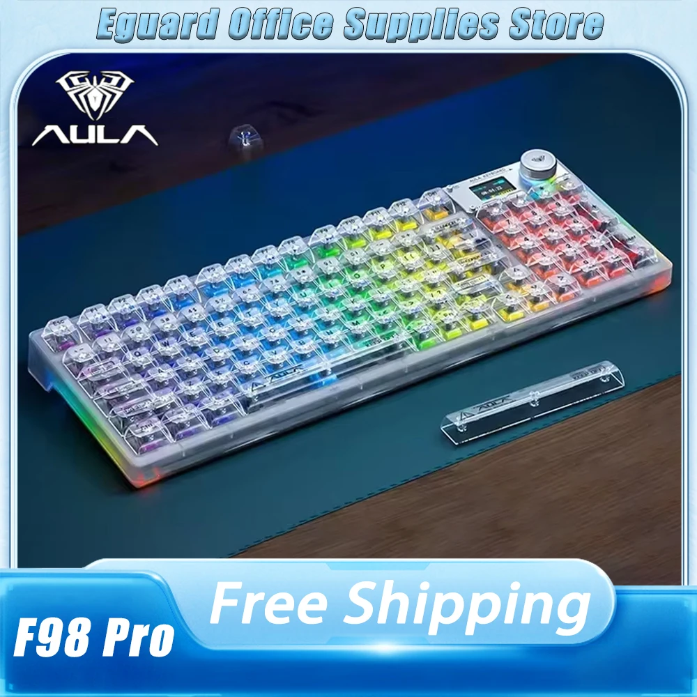 

Aula F98 Pro Mechanical Keyboard With Screen Transparent Three Mode Wireless Keyboard GDA Keycaps RGB Gasket PC Gamer Keyboards