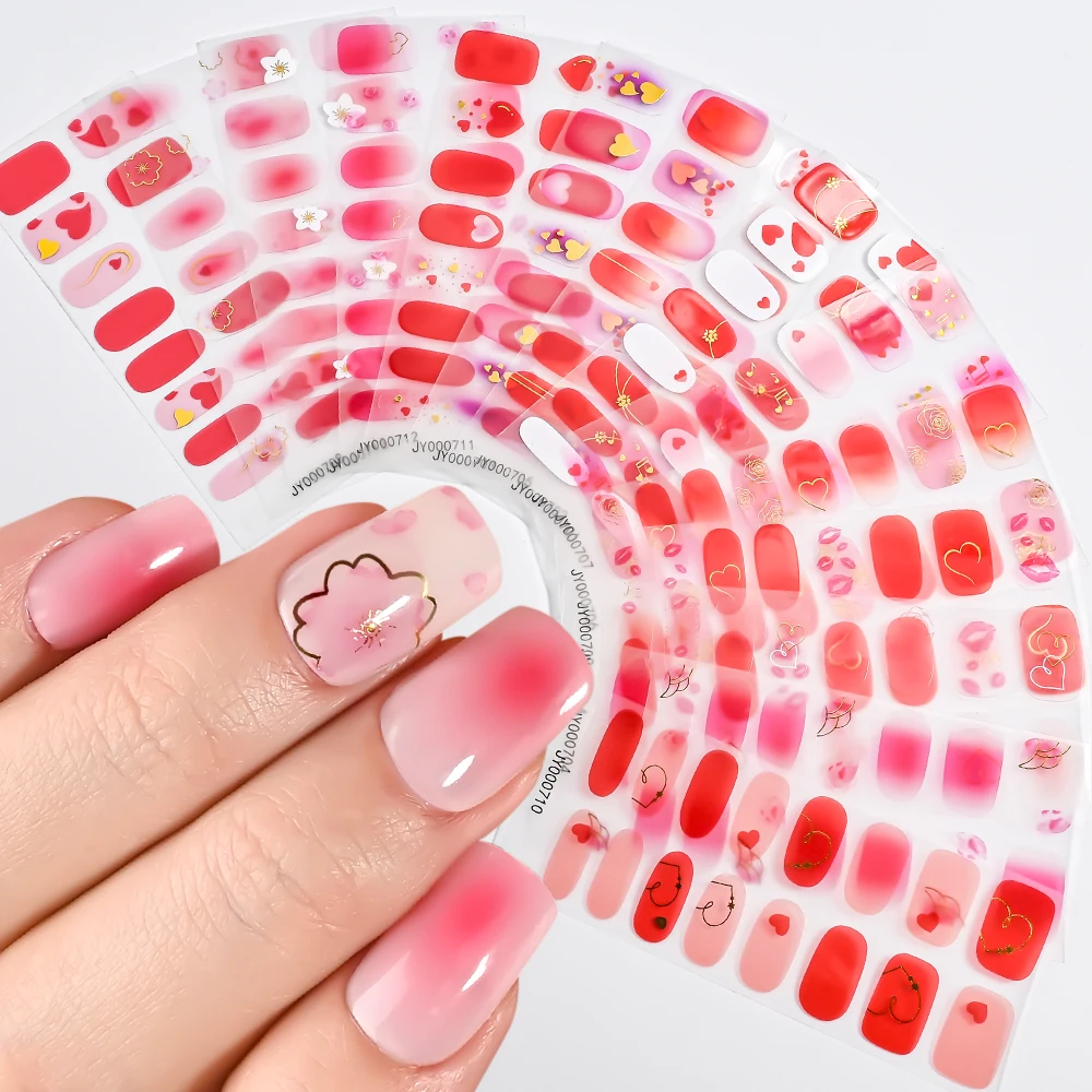 16 Tipps Farbverlauf Blush Valentinstag Nagellack-Aufkleber Gold Herz Blume Linie Nagelfolien Selbstklebende UV-LED Maniküre-Abziehbilder