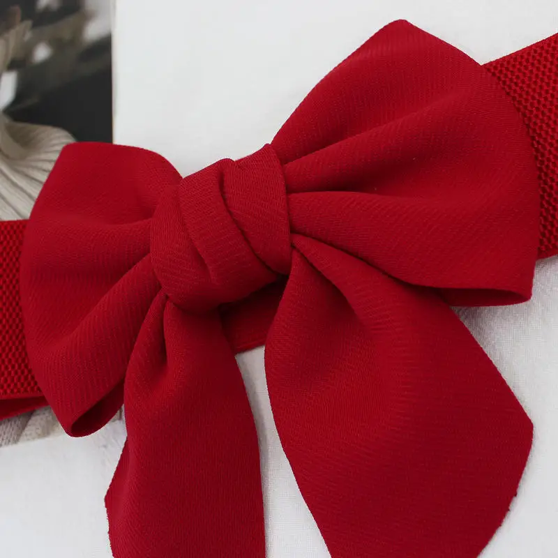 Women's Bow Waistband Versatile Sweet Pure Cotton Fabric Bow Elastic Belt Elastic Broadband Dress Decoration