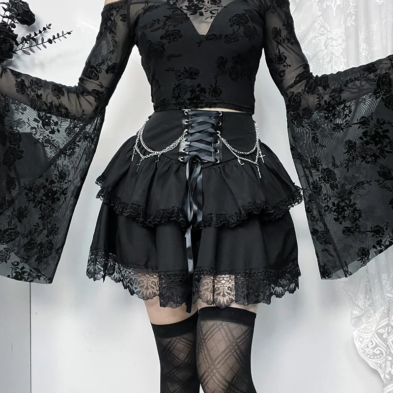 Women's Gothic High-Waist Lace-Up Tiered Mini Skirt | Black Ruffle Lace Skirt with Cross Chains for Y2K Sexy Halloween Party