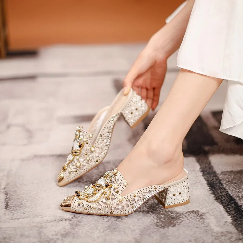 European Summer Shoes for Women Luxury Sandals Hollow Out Pearl Rhinestone Fox Heels Slipper Girl Street Fashion Pumps image 4