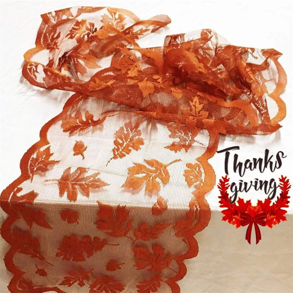 NEW Thanksgiving Table Runner Maple Leaf Pattern Washable Autumn Tablecloth Orange Lace Design Decorative Runner Harvest Season