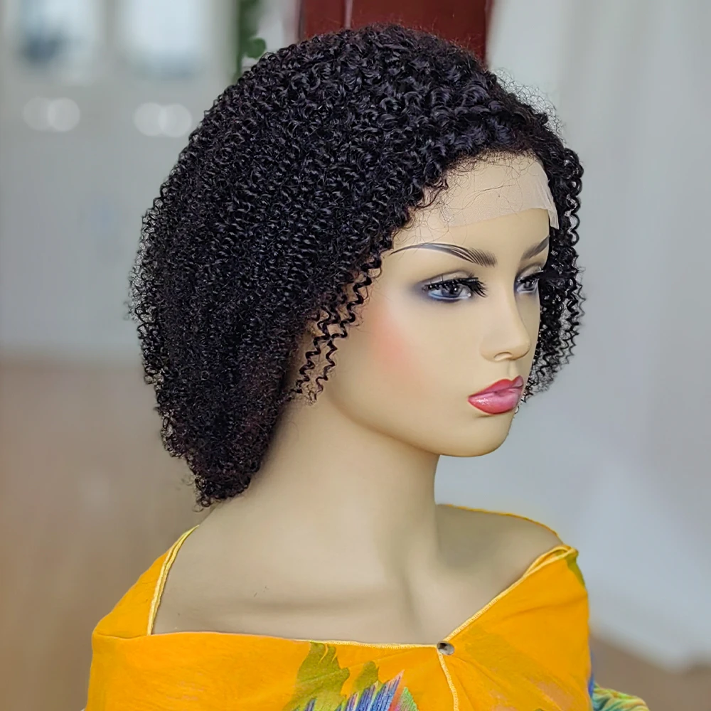 4C Kinky Edges Jerry Curly 4x4 Closure Lace Wig Side Part 100% Human Hair Pre-Plucked Short Bob Lace Front Wig