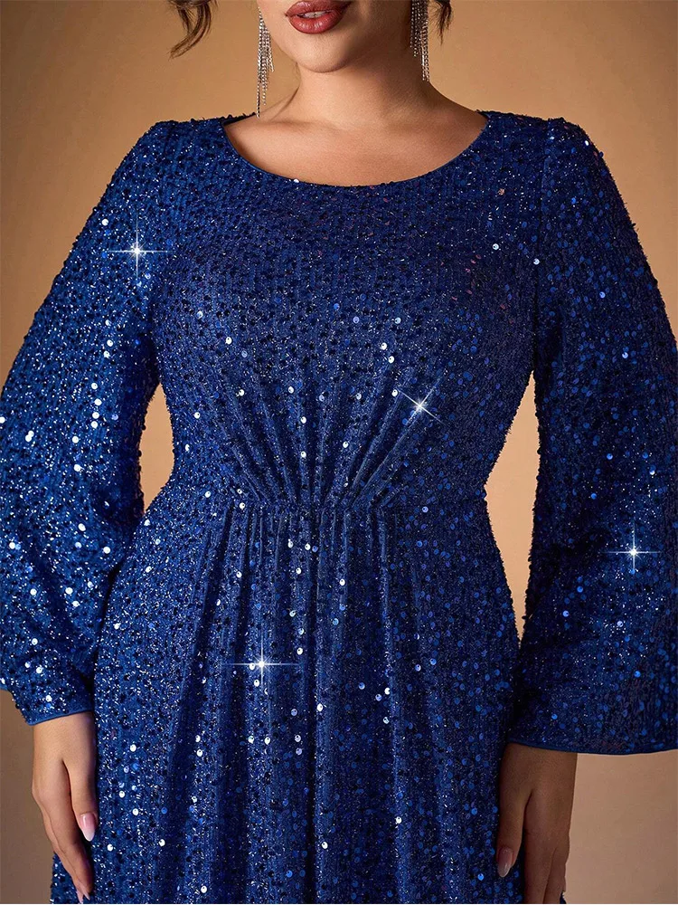 Plus Size Round Neck Long Sleeve Royal Blue Sparkling Evening Dress 4LX 5XL Big Size Wedding Banquet Bridesmaid Prom Gown 2024