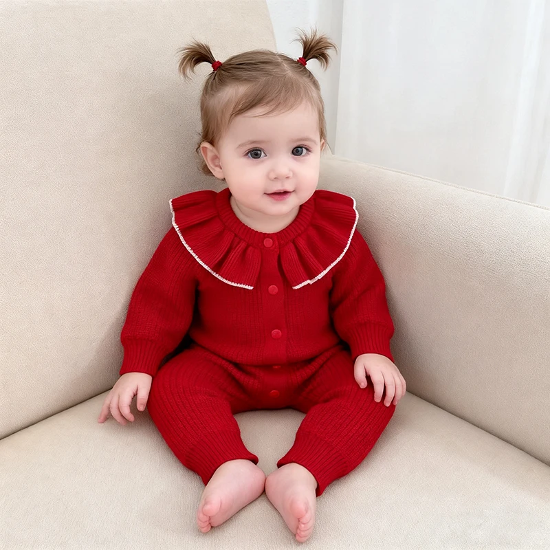 عيد الميلاد طقم قطعة واحدة للأطفال الخريف الرضع الحياكة الجولة الرقبة بذلة الوليد Sprog بلون البلوز رومبير الخريف سترة الموضة #1