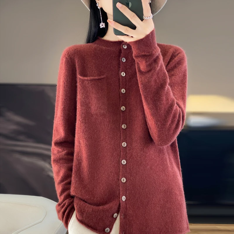 100% Merino Wool Women's Sweater Cardigan Fashion Crewneck High Quality Crimped Knit Sweater Pure Color Pocket Loose Sweater