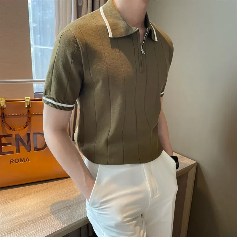 Men's Olive Green Ribbed Half-Zip Polo Shirt Contrast Trim Short Sleeve Slim Fit Top