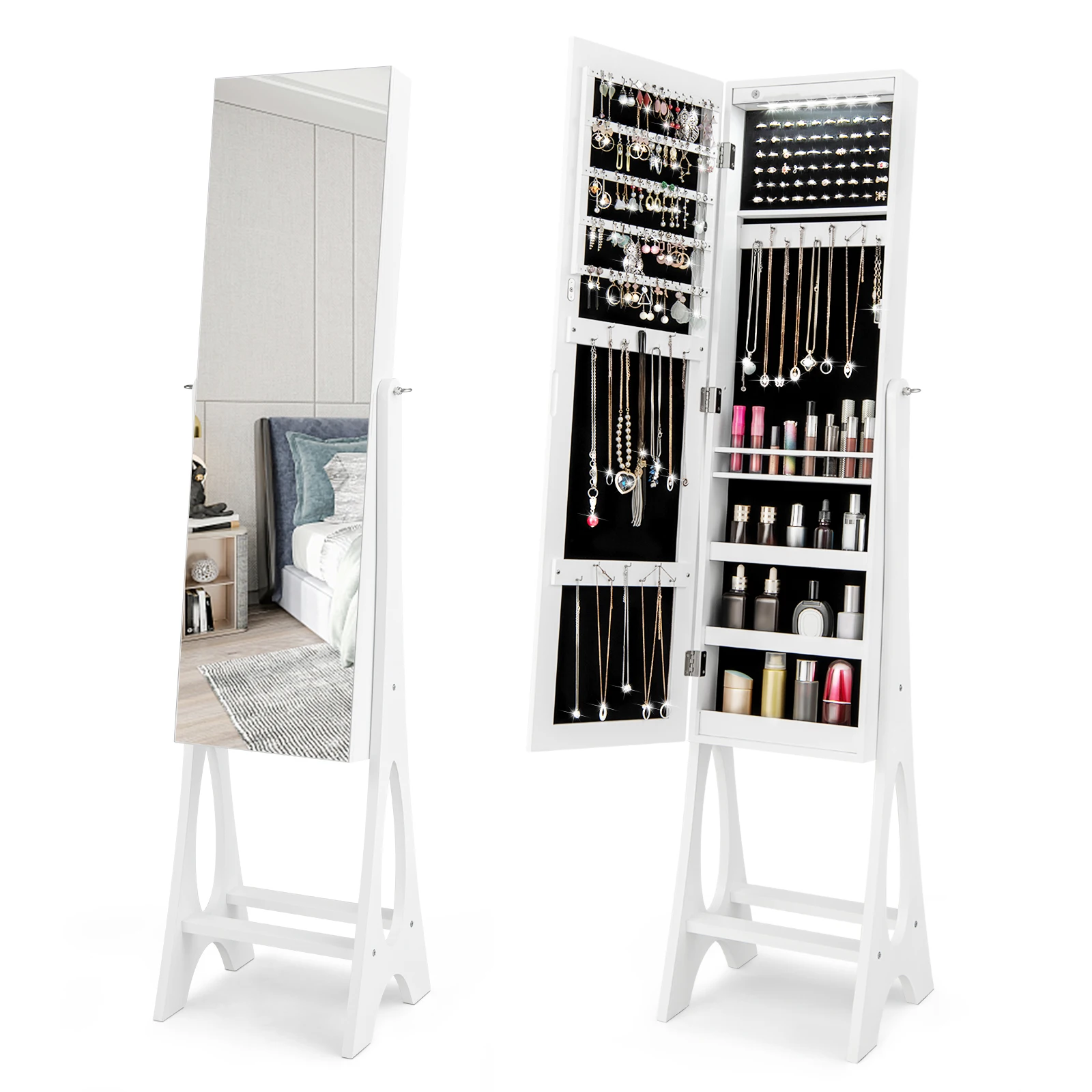 

LED Jewelry Cabinet Armoire w/ Bevel Edge Mirror Organizer Mirrored Standing