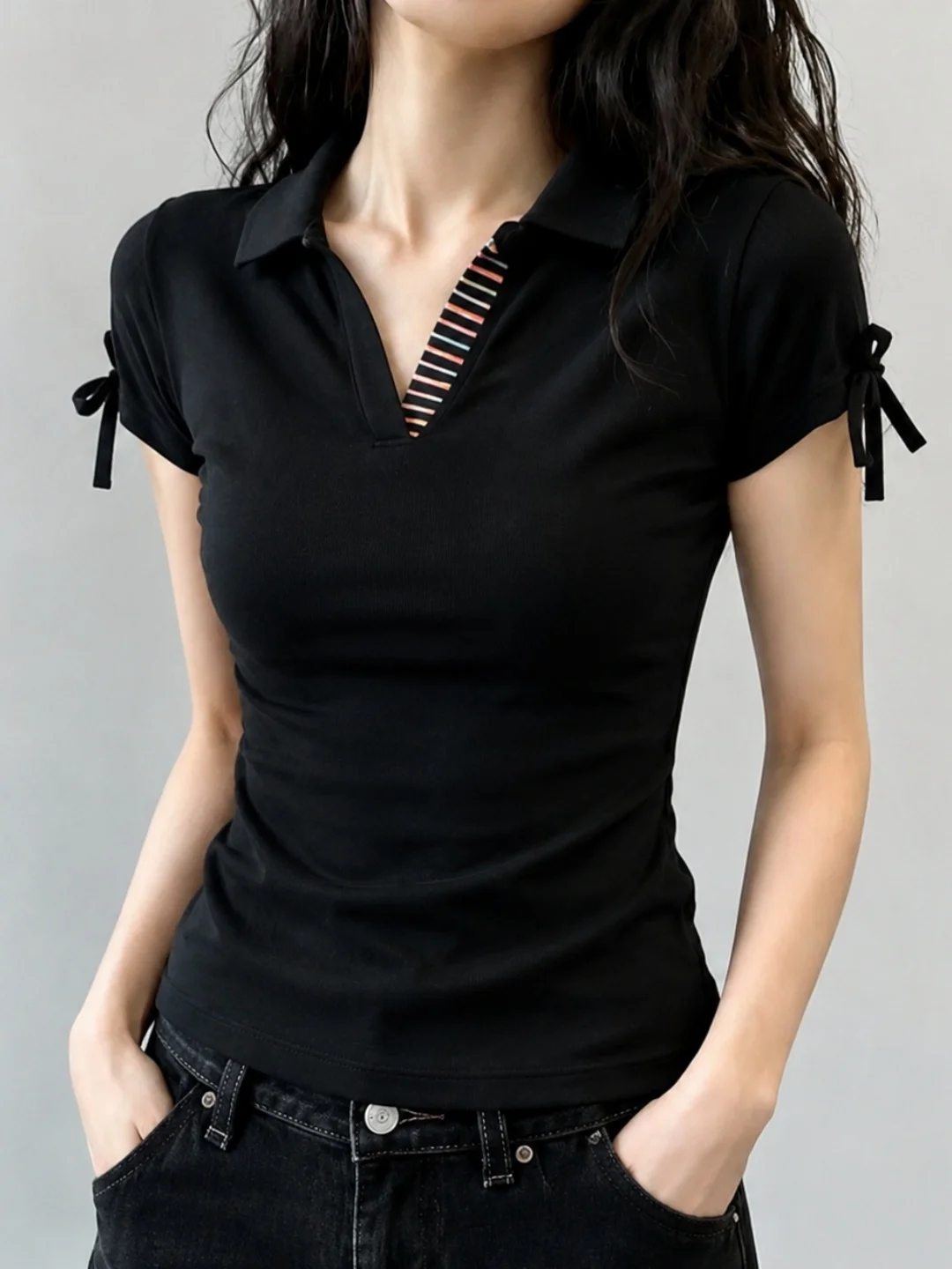 

Fashionable Neck Short Sleeve T-Shirt with Knot Splicing Slim Fit Gentle Personality Versatile Overhead Summer...