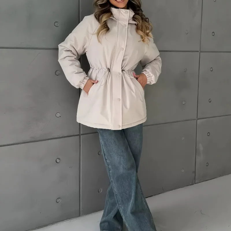 Women Hooded Drawstring Waist Mid-length Padded Coat Autumn Winter Windproof Thick Loose Slim Warm Parka Jacket