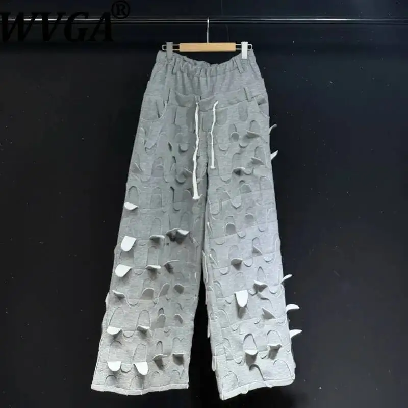 WVGA Spring Autumn New Men Hollow Out Design Punk Wide-leg Pants Niche Chic Casual Loose Fit With Drawstring Trousers Ins W25245