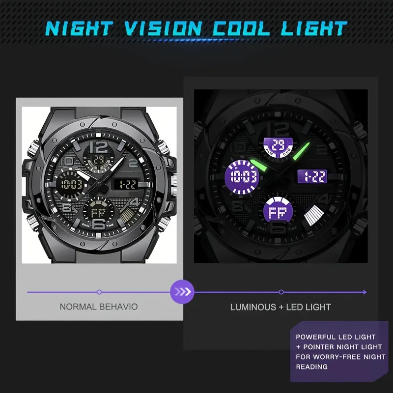 ساعة يد كول للرجال متعددة الوظائف مقاومة للماء وإضاءة ليلية وتقنية العرض المزدوجة الرياضية الخارجية للرجال والنساء