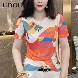 Summer New Round Neck Street Style Fashion Printed Pullover Mesh Tee Female Short Sleeve Slim Casual All-match T-shirt Top Women