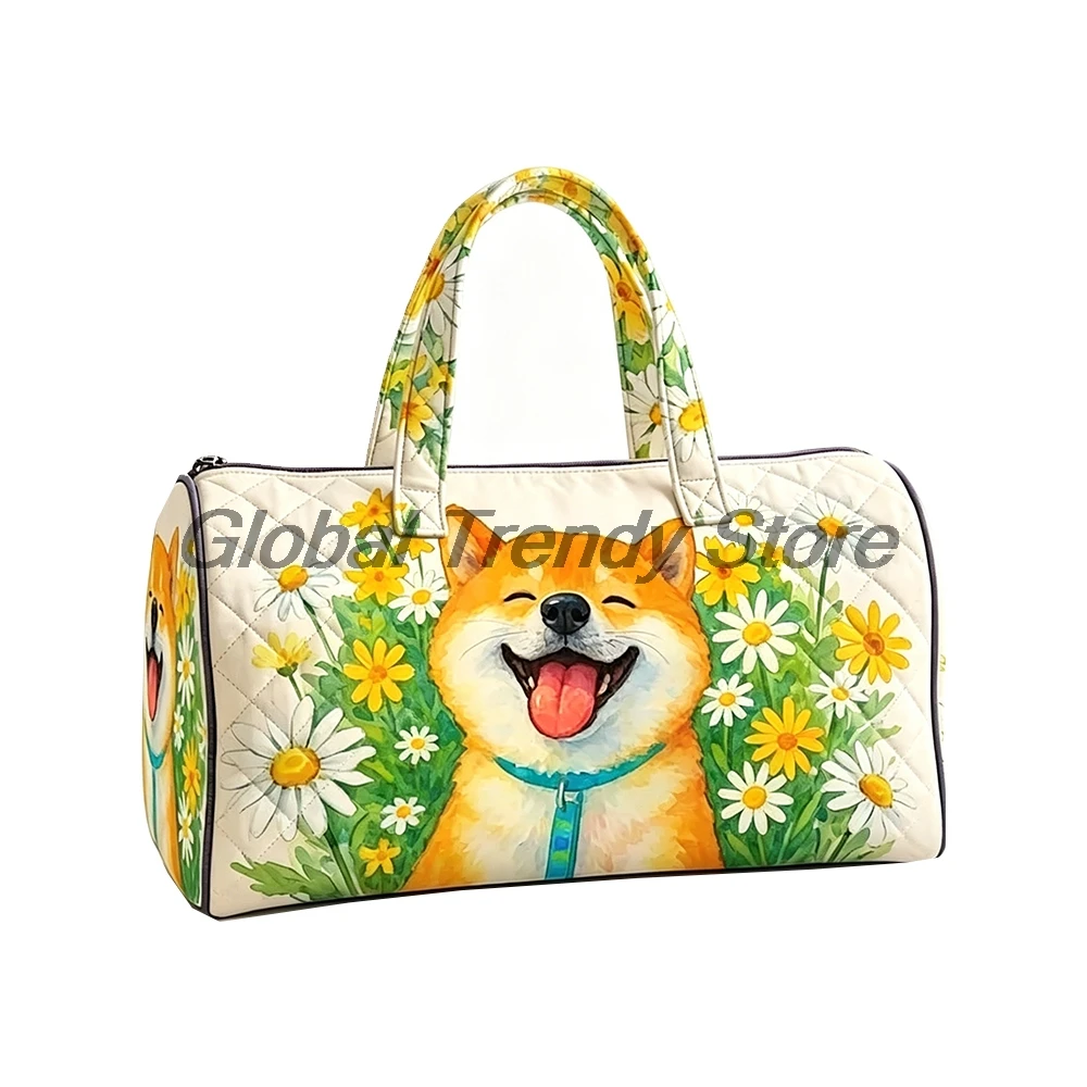 Kawaii Shiba Inu Dog Quilted Duffle Bag Unisex Floral Print Travel Tote Handbag Men Women Outdoor Weekender Bag