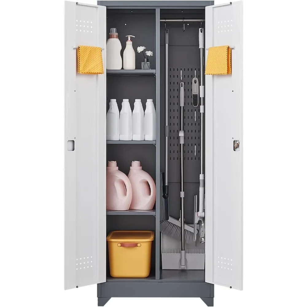 

65" Locking Broom Cabinet - Metal Cleaning Supply Storage w/Shelves & Hanging Rod for Tools"