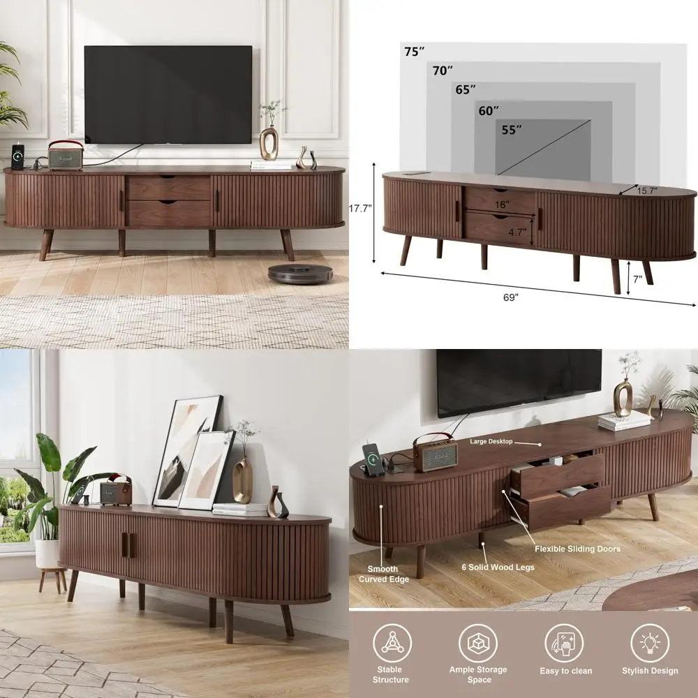 Mid Century Modern TV Stand with Charging Station, Farmhouse Style Curved Edge Console Table with Drawer and Shelf
