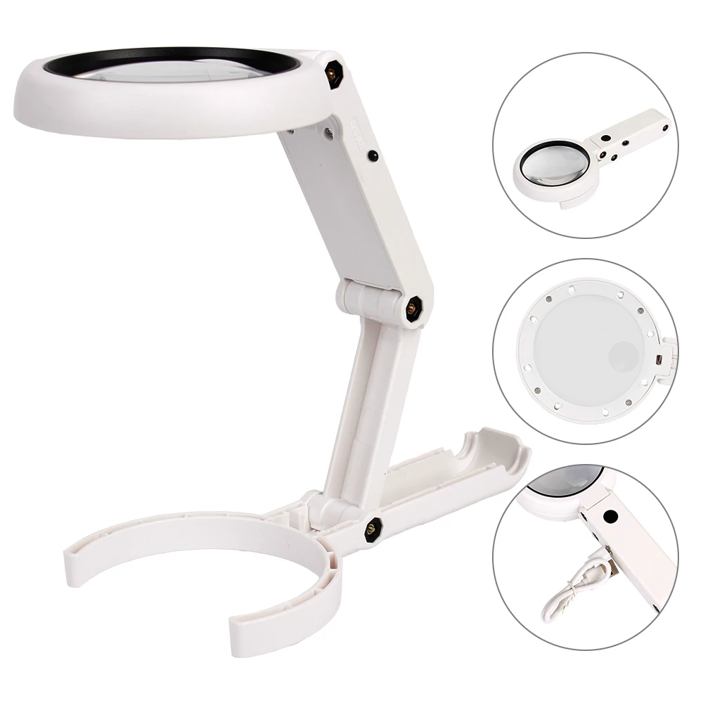 Foldable Magnifying Glass for Jewelry Appraisal Reading Repair with 8 LED Light Portable Hand-held Stand Desk 5x 11x