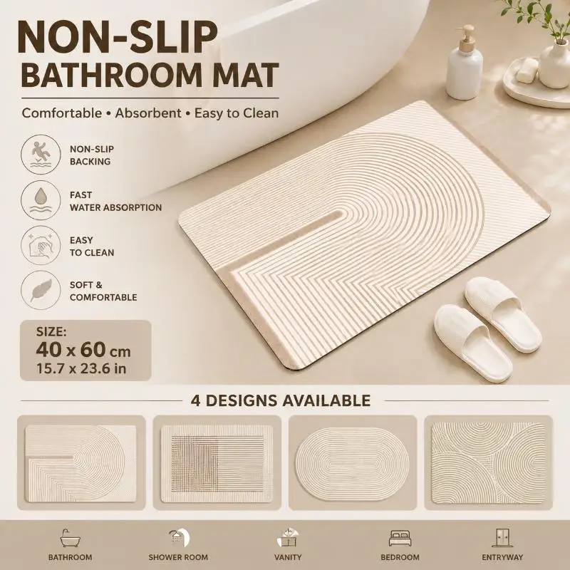 Diatomite Bath Mat Quick Dry Absorbent Beige Striped Non-Slip Backing for Home RV Bathroom Wet Area Use