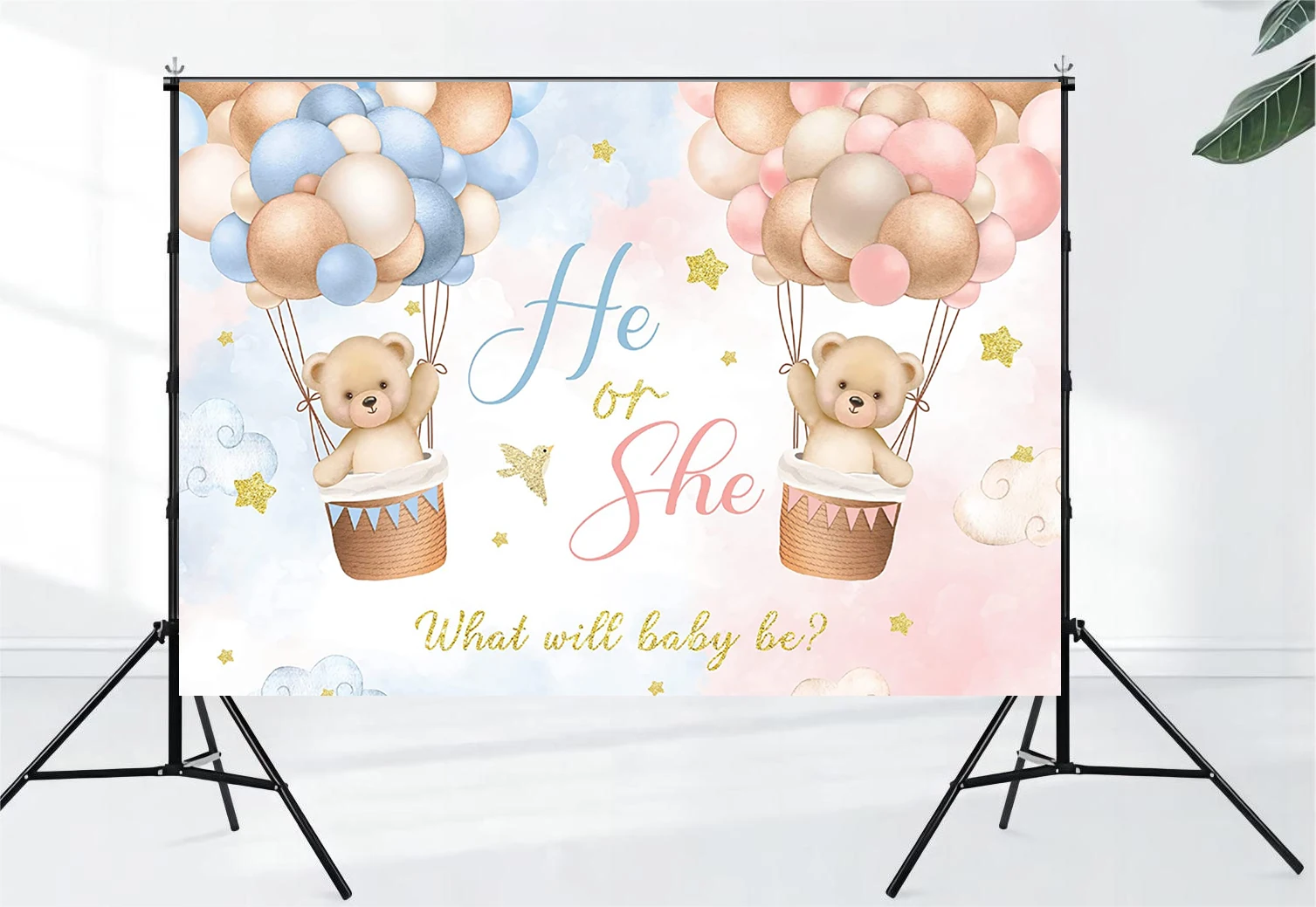 Blue pink bear gender reveals background boy or girl baby shower party photography background decoration home shooting banner