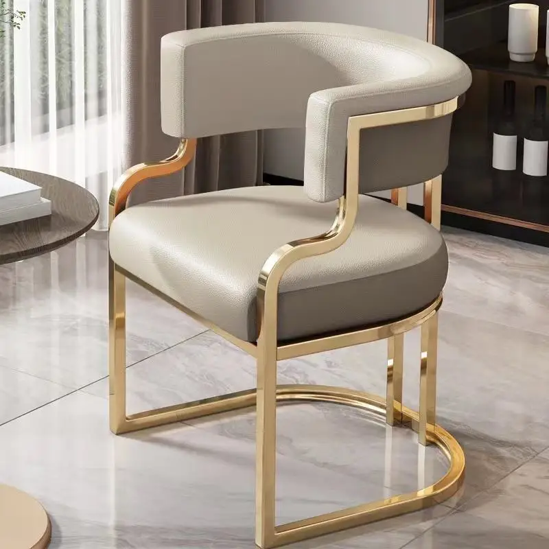 

Modern Luxury Cafe Salon Visitor Golden Metal Upholstered Tub Leather Dining Armchair Chairs