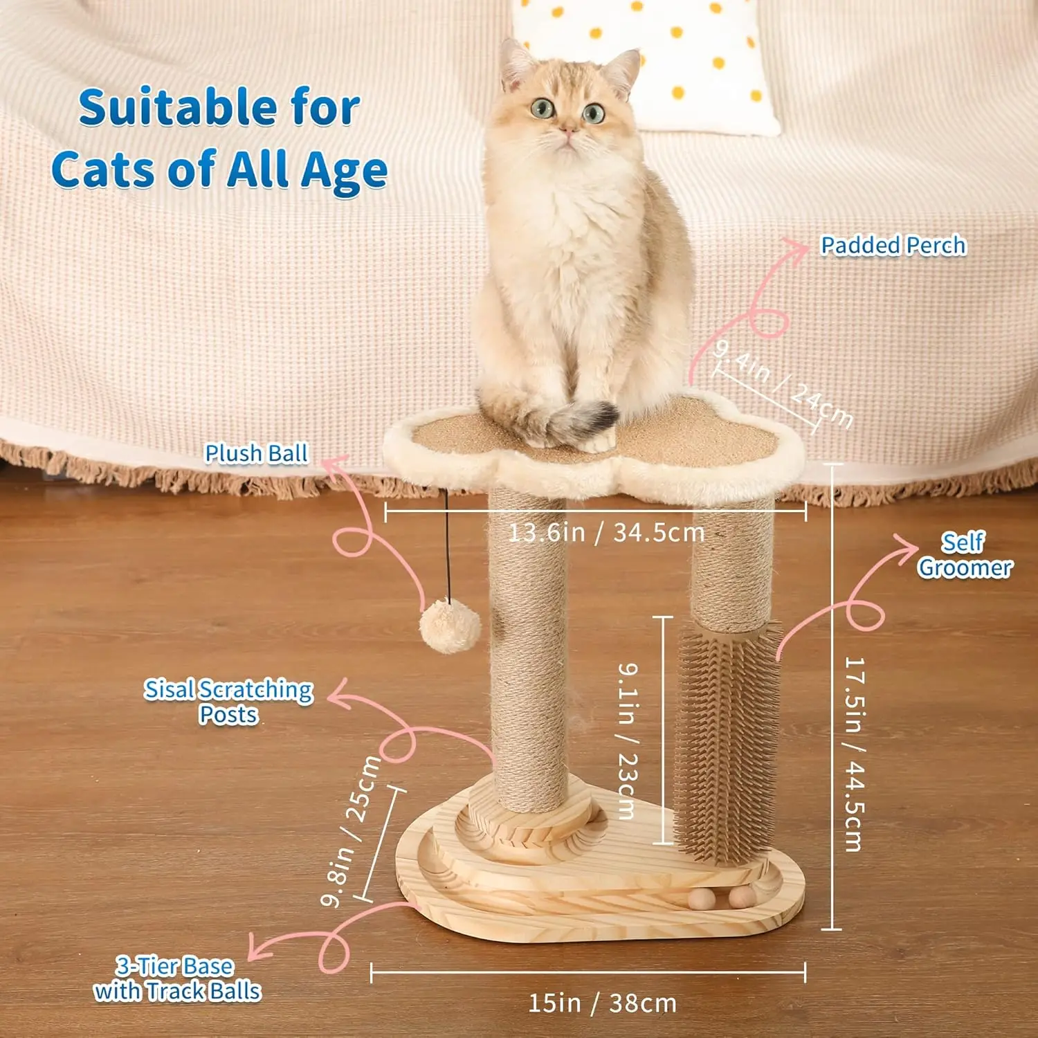 Made4Pets Cat Scratching Post, Cat Self Groomer for Indoor Cats, Cloud Soft Perch for Rest,17.5