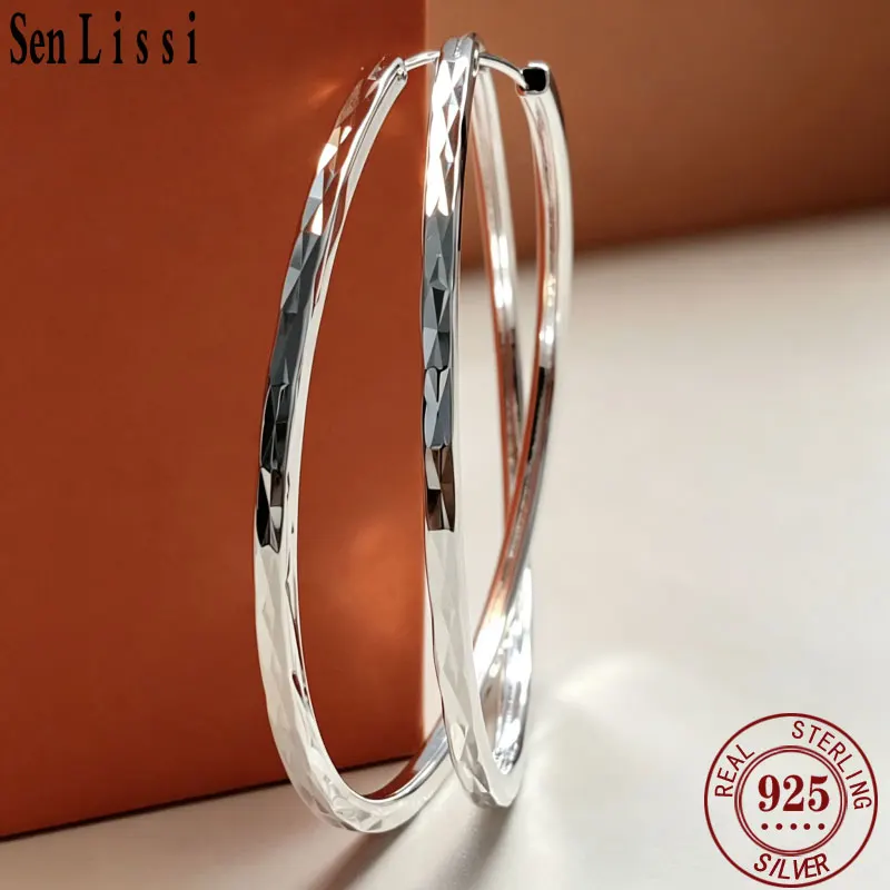 

Senlissi - New 925 Sterling Silver Hoop Earrings For Women Ladies Luxury Laser Flash Earringds Fashion Female Jewelry Gift
