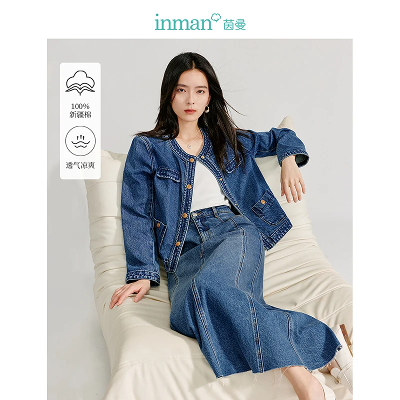 

INMAN 2024 autumn winter Vintage washed Women's Denim coat cotton round neck Jacket long sleeve Outerwear tops