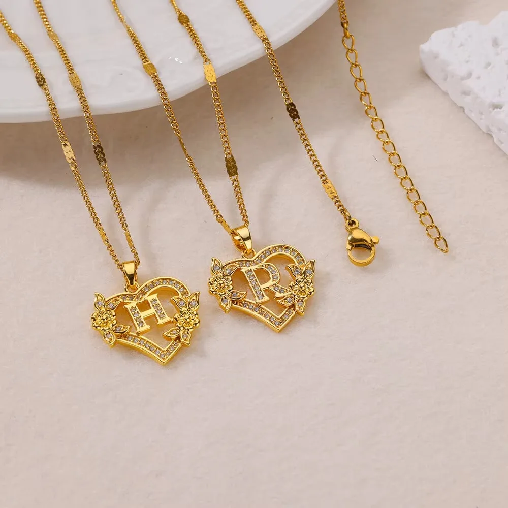 Gold Plated Heart Initial Letter CZ Pendant Necklace, Flower Inlaid Custom Name Necklace for Women