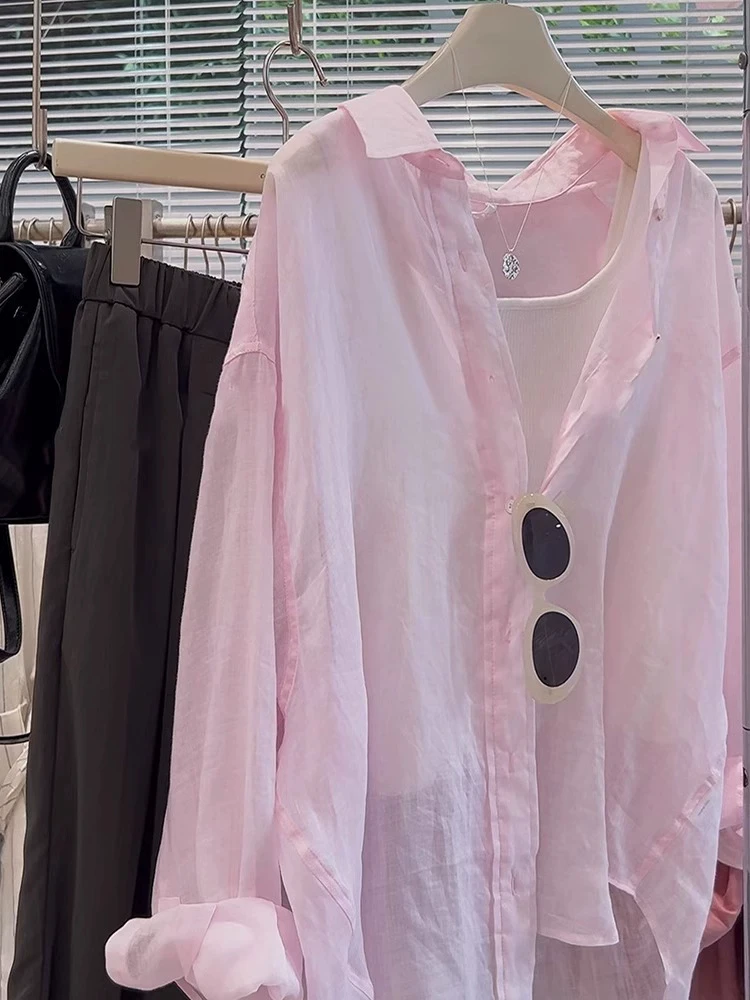 

Pink Summer Lightweight Loose Women's Sun Protection Shirt Linen Collar Air Conditioning Top Casual Style