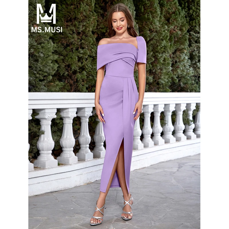 

MSMUSI 2024 New Fashion Women Sexy Off The Shoulder Draped Fold Short Sleeve Bodycon Party Club Event Slit Midi Dress Vestidos